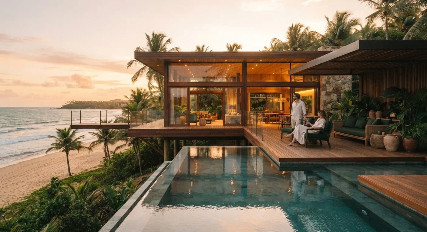 Villa contemporânea de madeira e vidro na Península de Maraú, elevada sobre a areia entre coqueiros