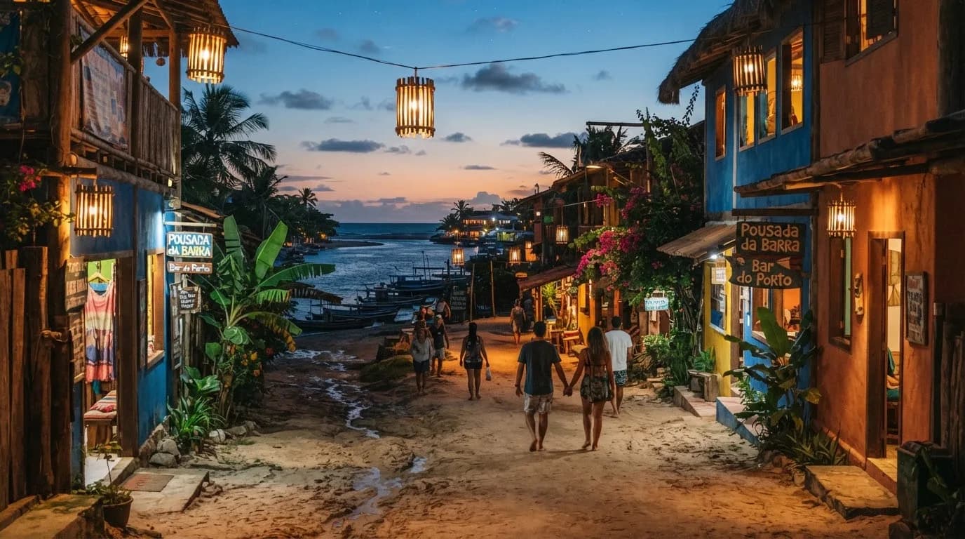 Ruas de areia sem carros em Caraíva ao crepúsculo, com lampiões de madeira e casas de pescadores coloridas