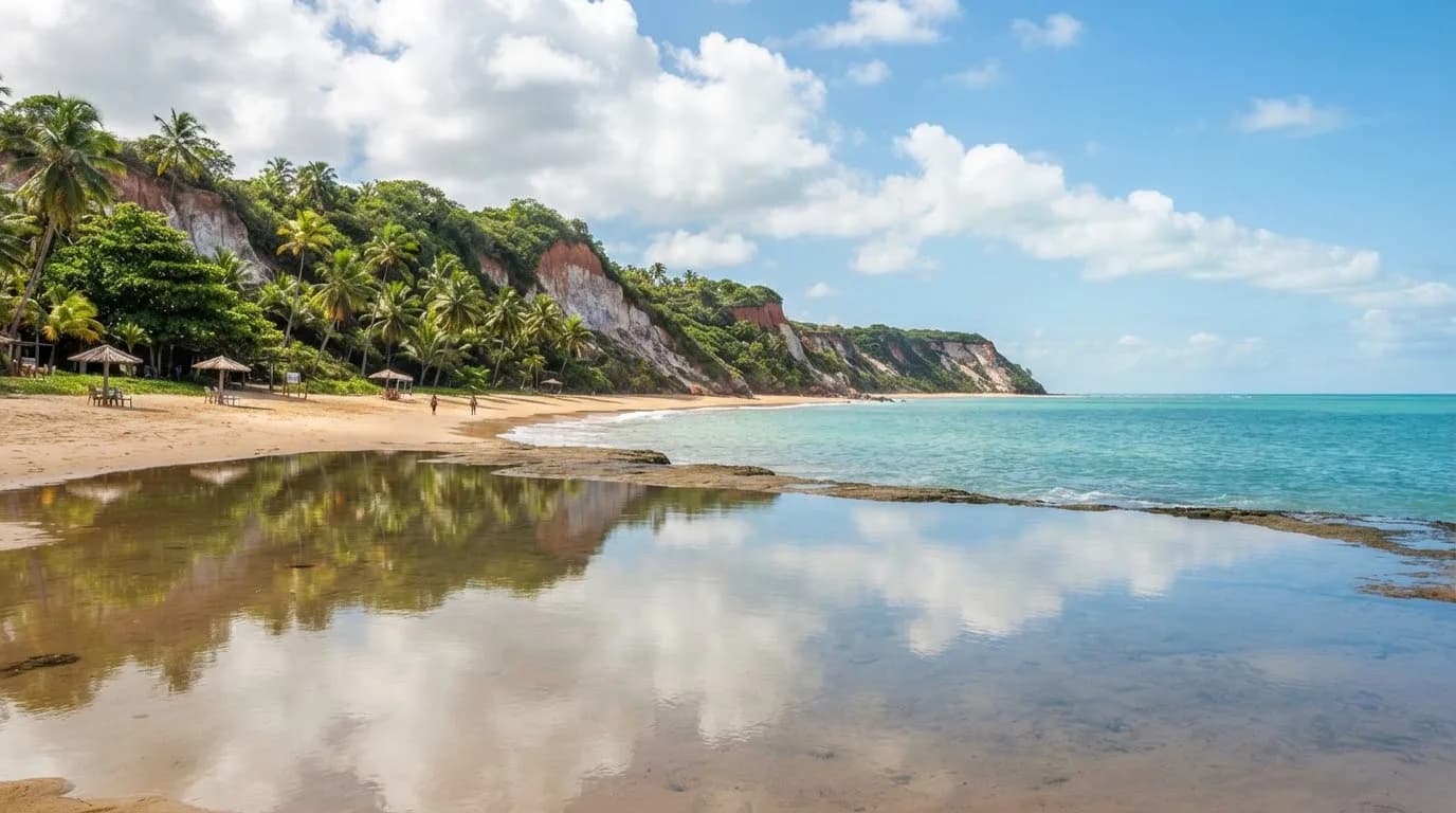 Piscinas naturais espelhadas da Praia do Espelho refletindo as nuvens, entre falésias claras e coqueiros