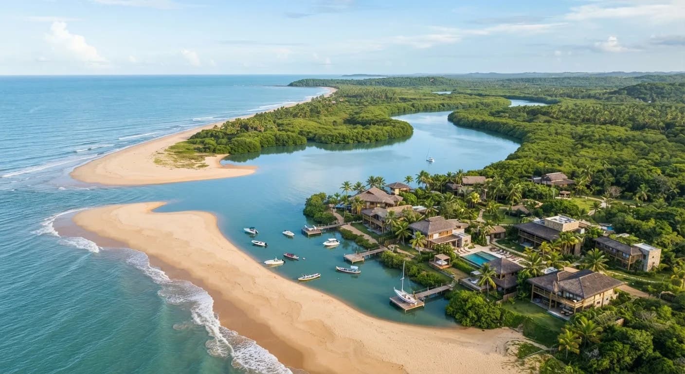 Estuário sereno em Santo André, onde o rio João de Tiba encontra o mar, com águas calmas e praia deserta