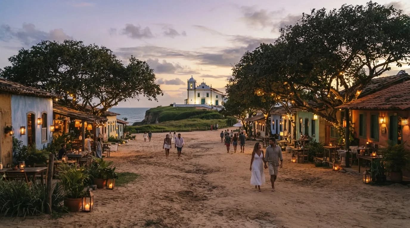 O Quadrado histórico de Trancoso ao entardecer, com a igreja branca de São João Batista e casas coloniais coloridas sob mangueiras centenárias