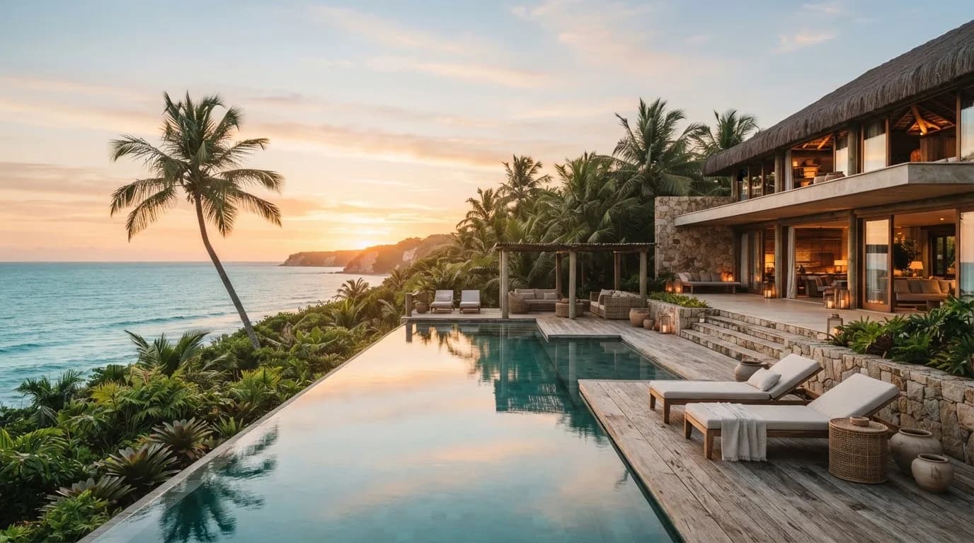 Villa à beira-mar em Trancoso ao pôr do sol, com piscina de borda infinita refletindo o céu e coqueiros inclinados sobre o mar