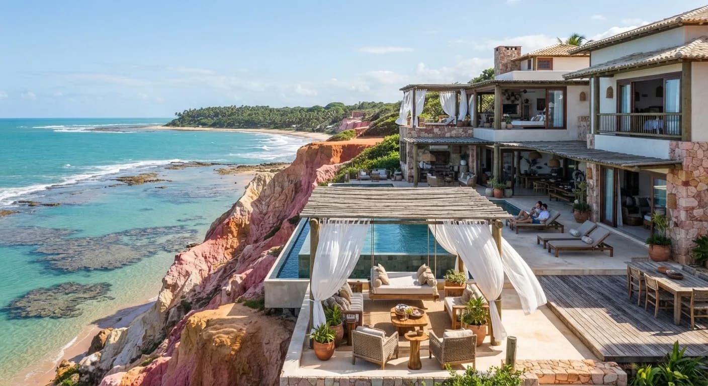 Refúgio boutique nas falésias claras da Praia do Espelho, com piscina escavada na rocha