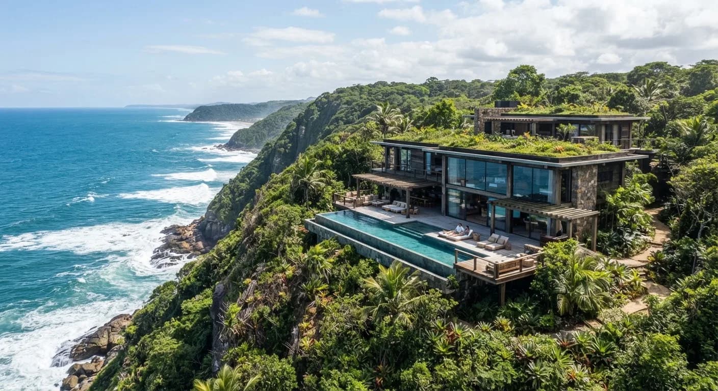 Casa de arquitetura orgânica no alto de uma falésia em Itacaré, com telhado verde e vista de 180° para o mar