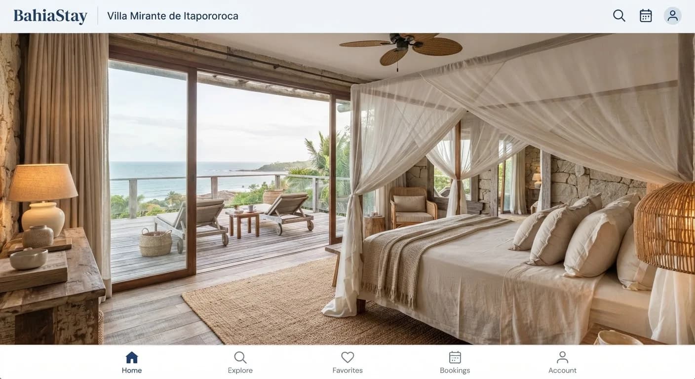 Suíte master com cama king de dossel em linho e varanda panorâmica para o mar
