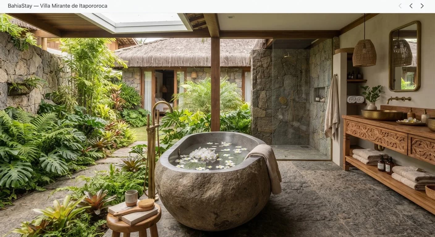 Banheiro aberto com banheira esculpida em bloco único de pedra natural e ducha ao ar livre
