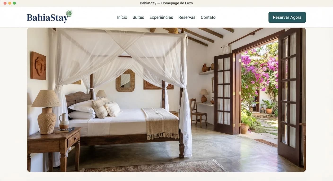 Quarto de pousada boutique em Trancoso, com cama de madeira artesanal, dossel de linho e piso de cimento queimado