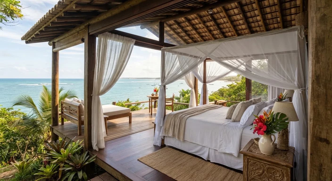 Bangalô de madeira aberto em Moreré, na Ilha de Boipeba, com vista para o mar e cortinas de linho ao vento