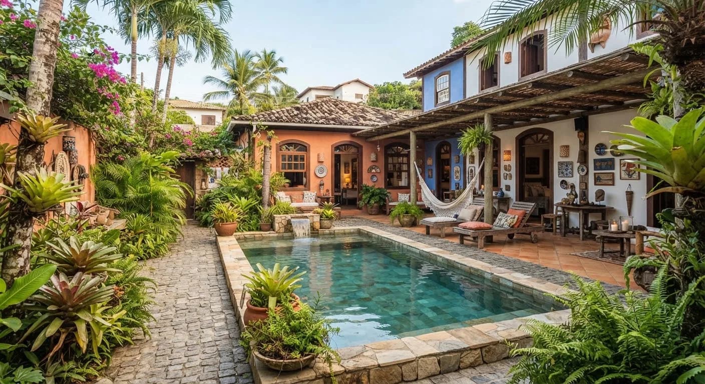 Casarão colonial restaurado no Quadrado de Trancoso, de fachada colorida e pátio interno ajardinado