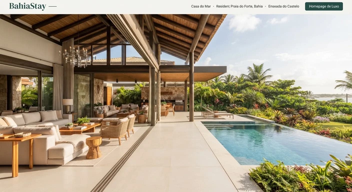 Casa do Mar na Praia do Forte, com living de pé-direito alto integrado à piscina e ao jardim costeiro
