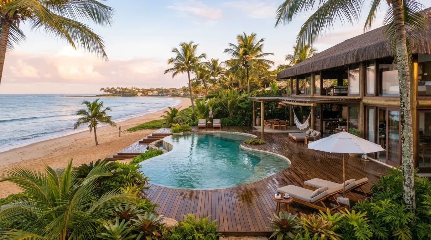 Villa na Praia dos Nativos, em Trancoso, com piscina natural cercada de coqueiros altos