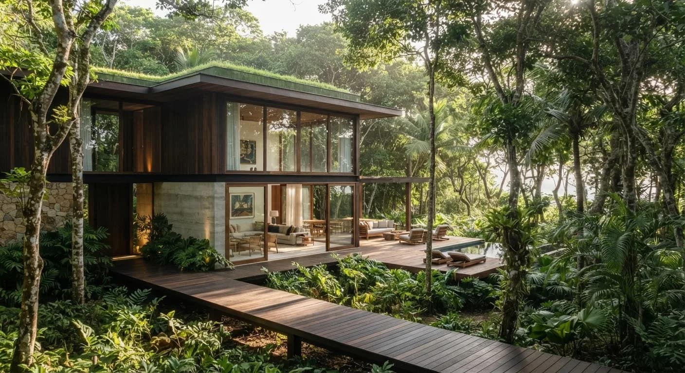 Villa minimalista em Itapororoca cercada de mata atlântica, com passarela suspensa sobre a vegetação