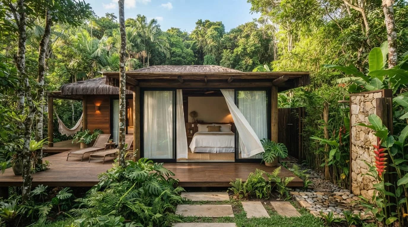 Bangalô de madeira minimalista cercado por árvores nativas em Trancoso, com luz natural filtrada
