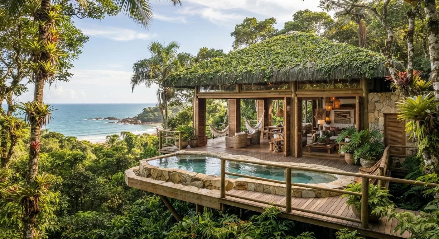 Refúgio Tropical em Itacaré, de arquitetura bioclimática suspensa entre árvores da mata, com piscina de pedra