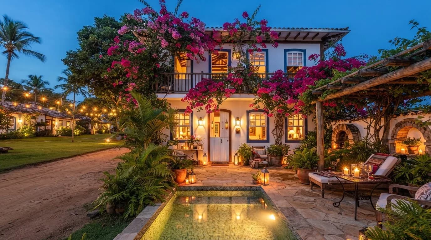 Casarão histórico no Quadrado de Trancoso, com buganvílias floridas sobre a varanda