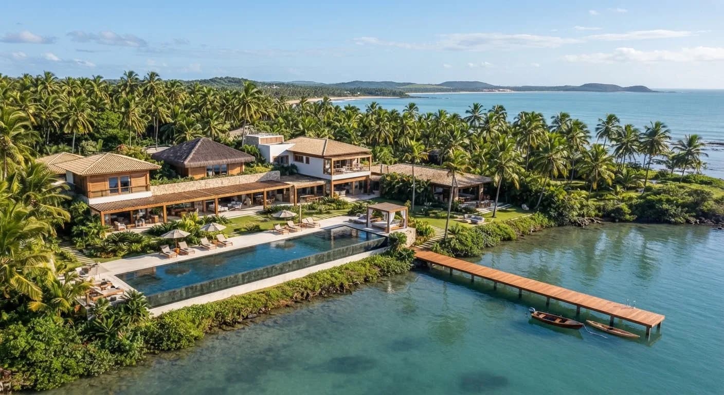 Villa das Palmeiras em Taipu de Fora, cercada de coqueiros, com píer de teca e piscina de 50 metros