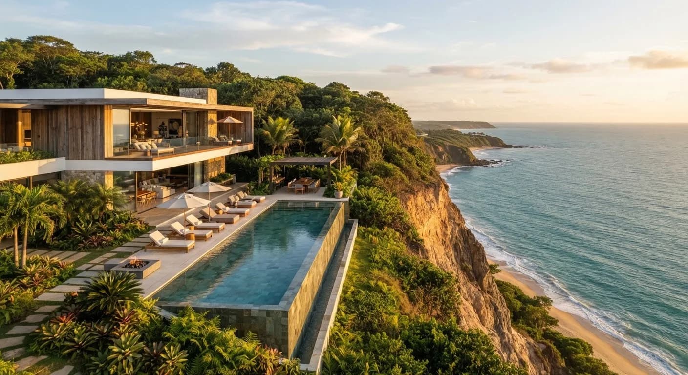 Mansão contemporânea no alto de uma falésia em Trancoso, com piscina de borda infinita sobre o oceano