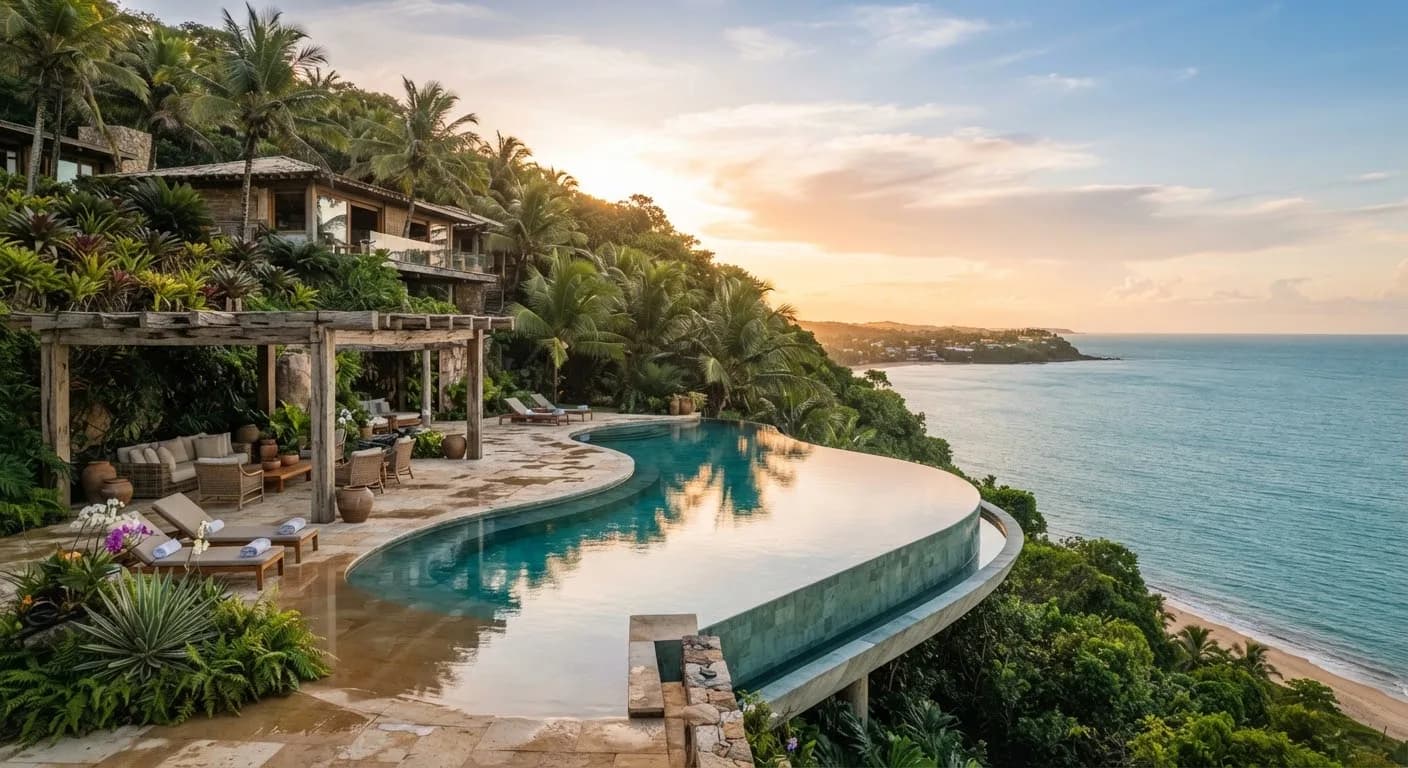 Piscina de borda infinita da Villa Mirante de Itapororoca, debruçada sobre o mar de Trancoso ao entardecer