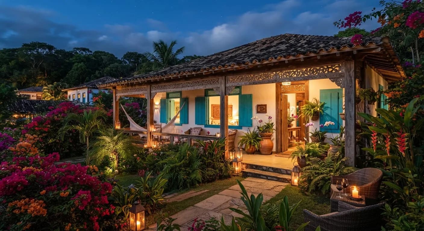 Casa colonial de janelas coloridas junto ao Quadrado histórico de Trancoso, com jardim interno
