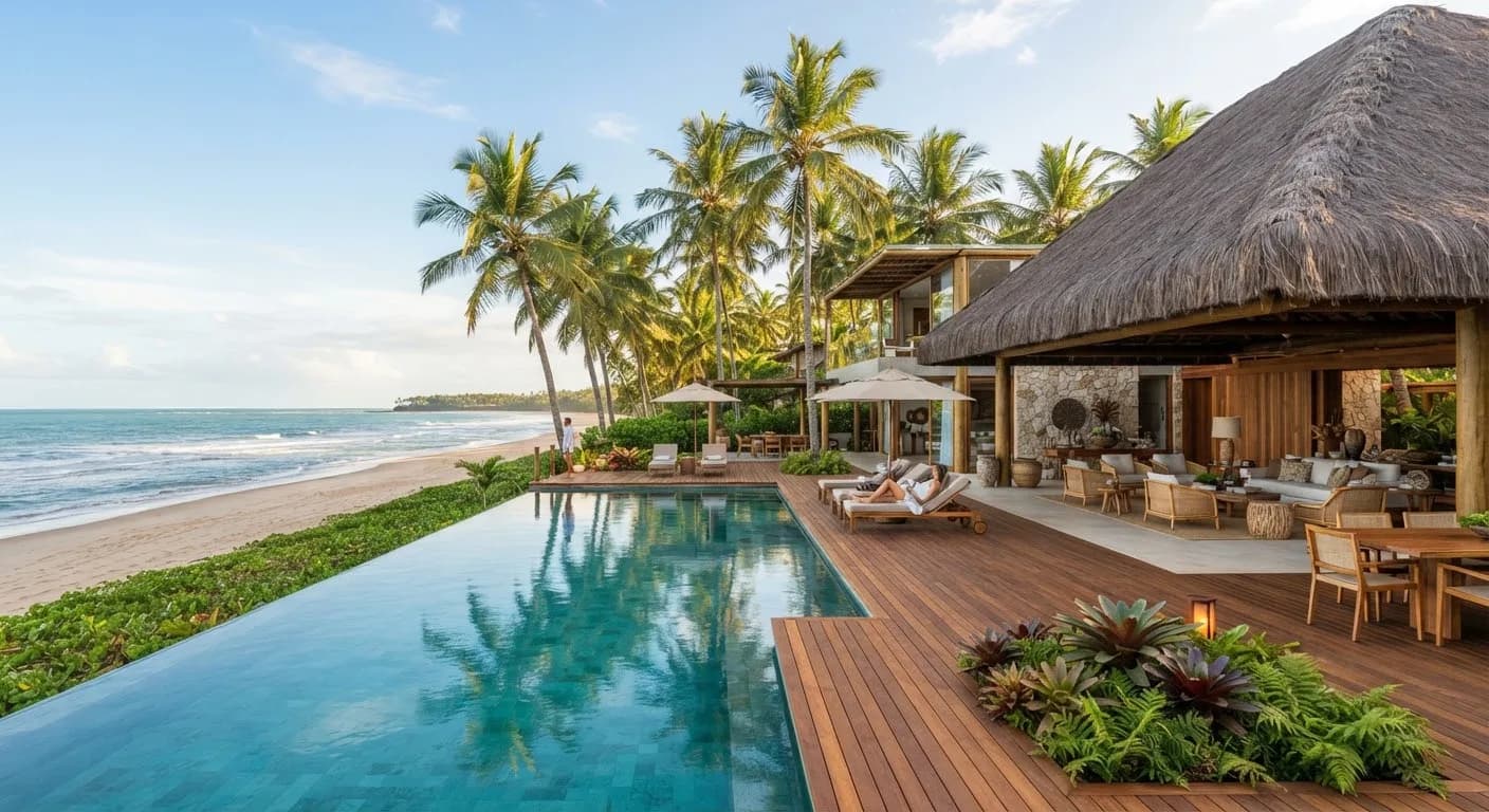 Villa à beira-mar no Rio da Barra, em Trancoso, com piscina de borda infinita refletindo os coqueiros