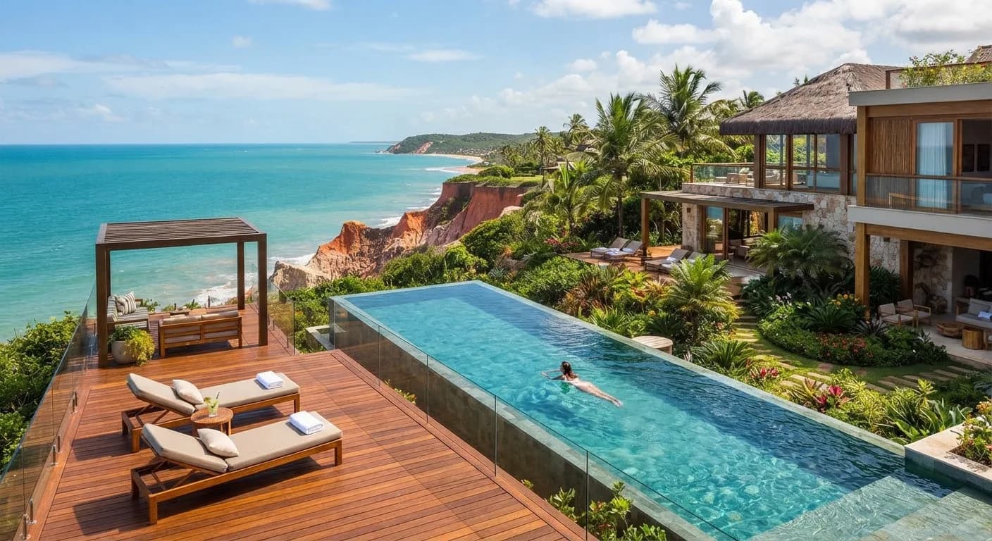 Residência no alto das falésias do Terravista, em Trancoso, com piscina debruçada sobre o mar esmeralda