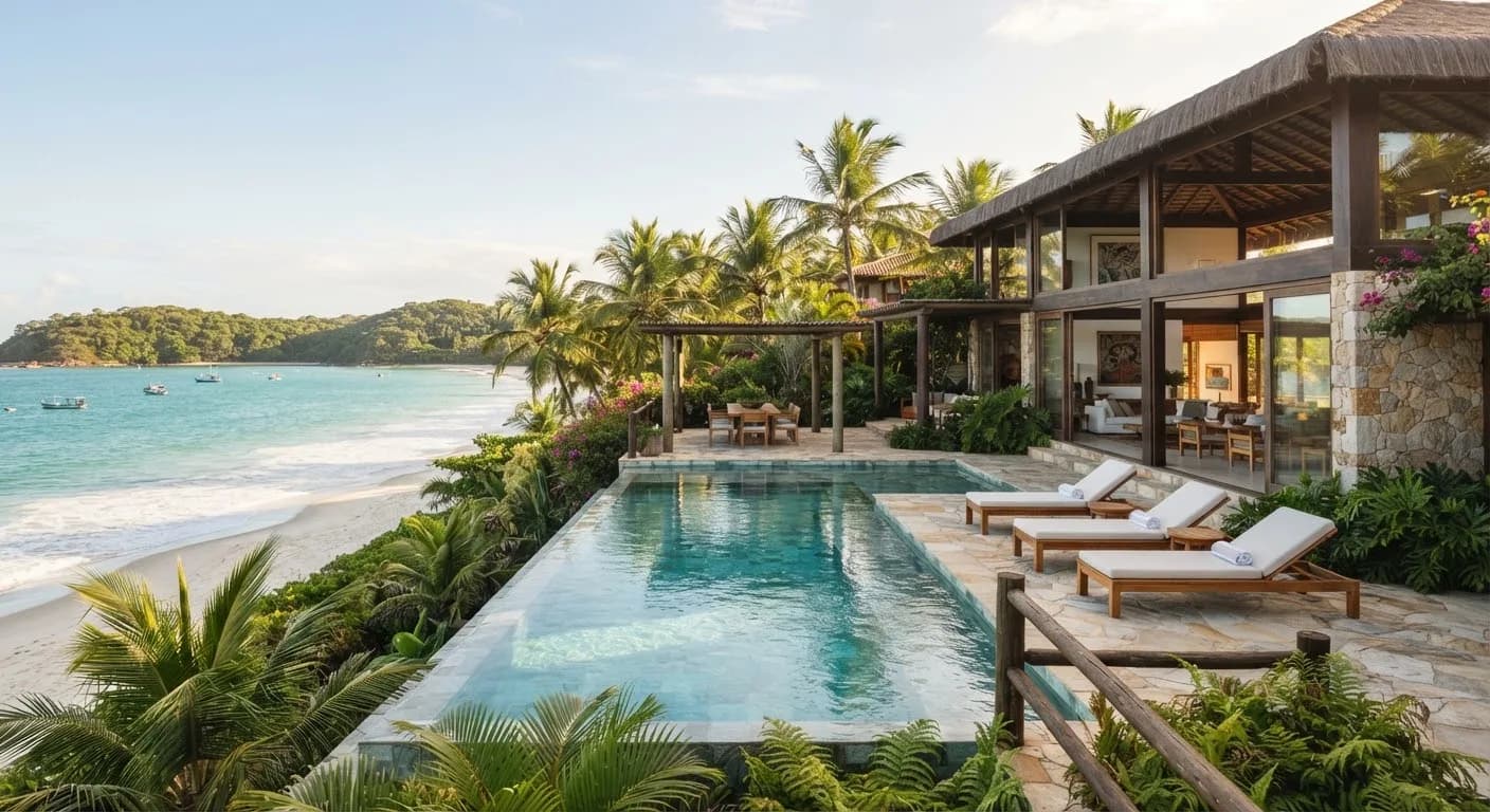 Villa Moringa em Itapororoca, com piscina privativa de borda infinita voltada para o mar turquesa de Trancoso