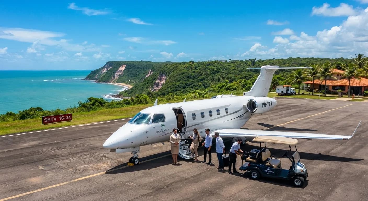 Jato executivo estacionado na pista do aeroporto Terravista, em Trancoso, com vista para as falésias
