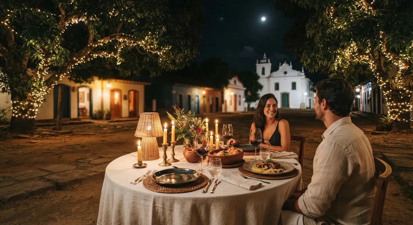 Mesa posta à luz de velas ao ar livre no Quadrado de Trancoso, sob árvores tropicais frondosas