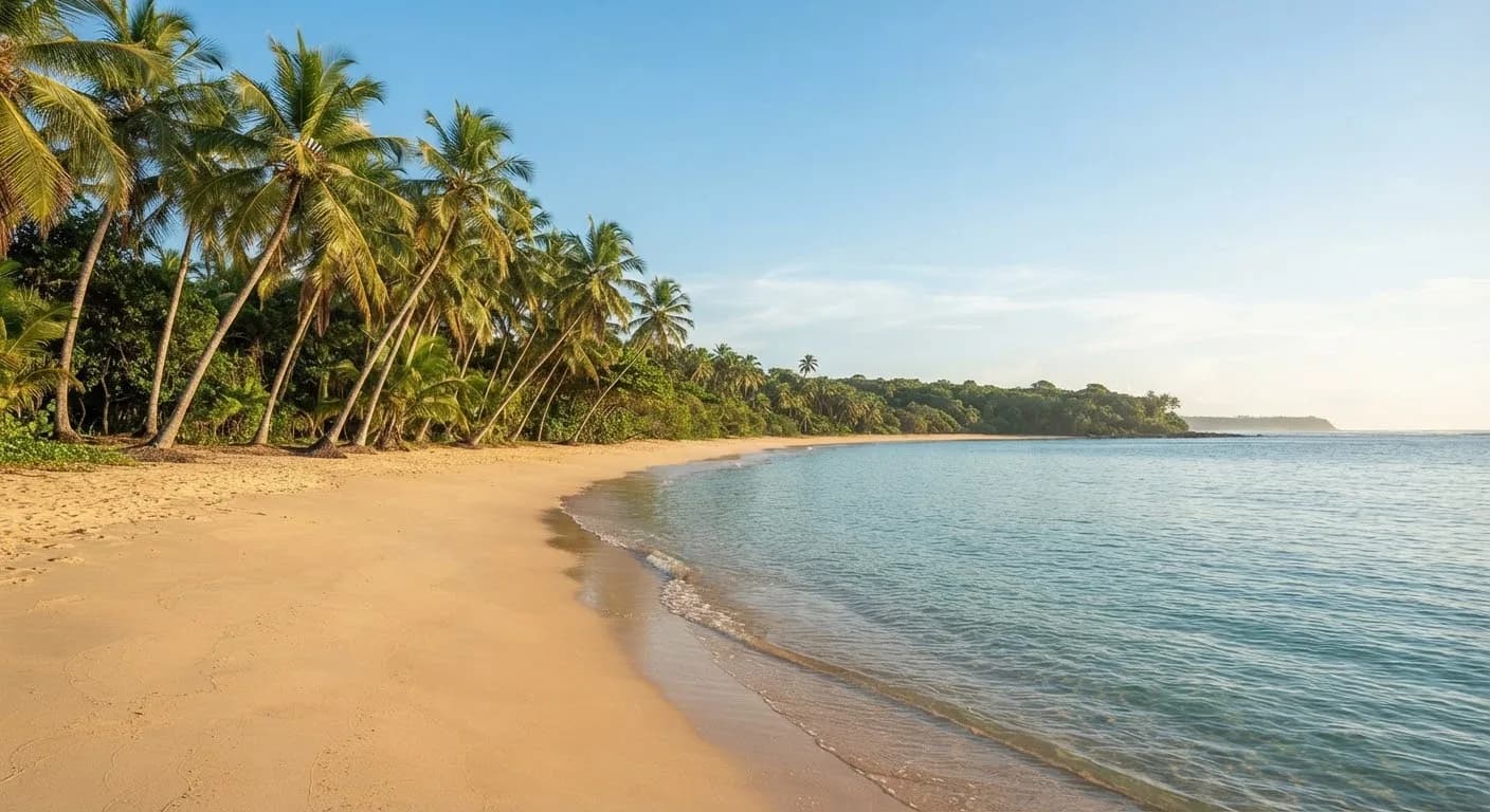 Praia de areia dourada intocada em Itapororoca, com mar esmeralda calmo e falésias ao fundo
